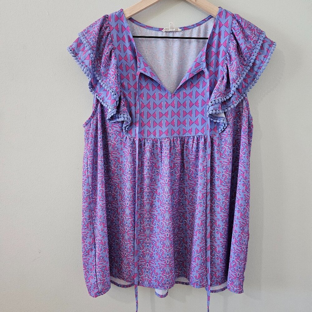 Cotton Bleu Ruffle Sleeve Split Neck